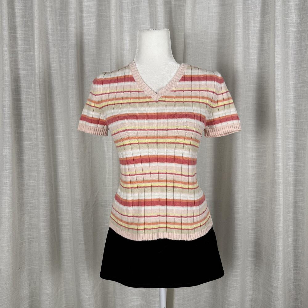 Cherokee Sweater Womens Medium Pink Striped V Neck Short Sleeve Knit Top